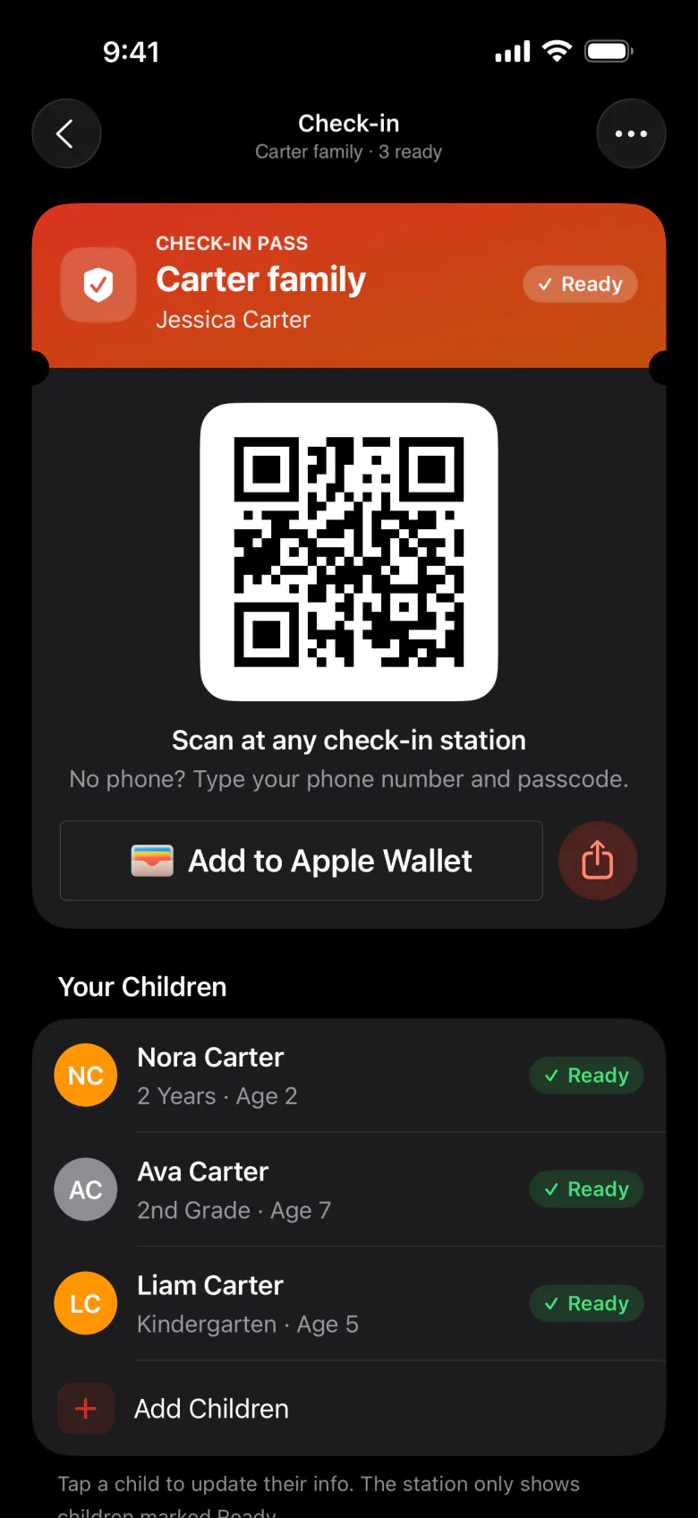 A family check-in pass with a QR code in the member app