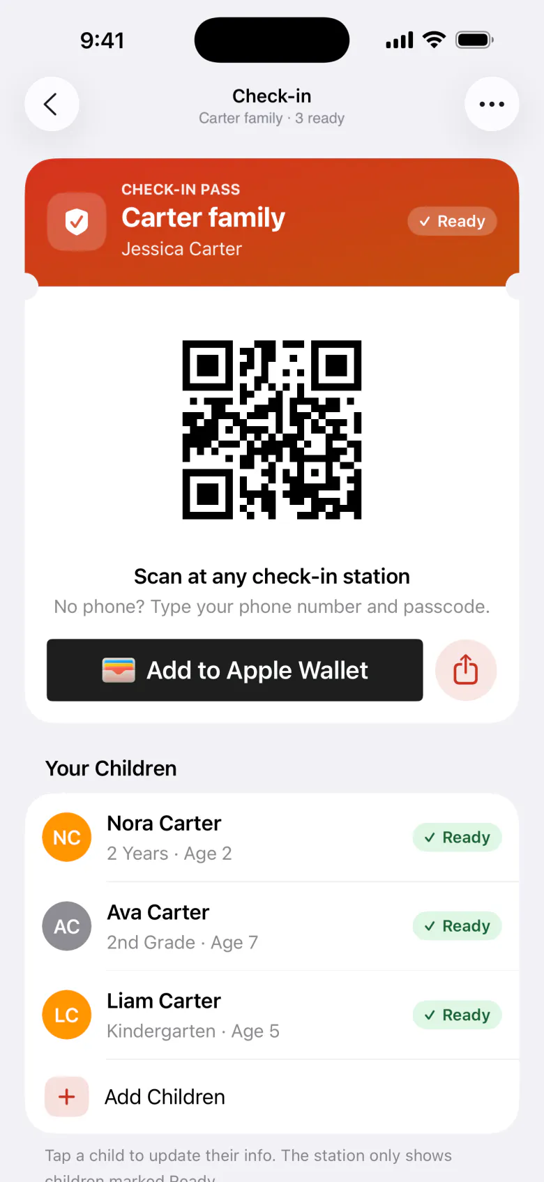 A family check-in pass with a QR code in the member app