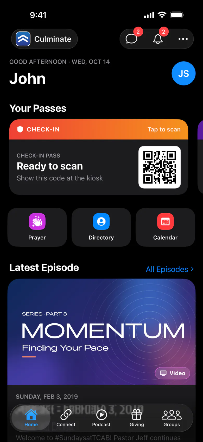 Culminate Life member app home screen