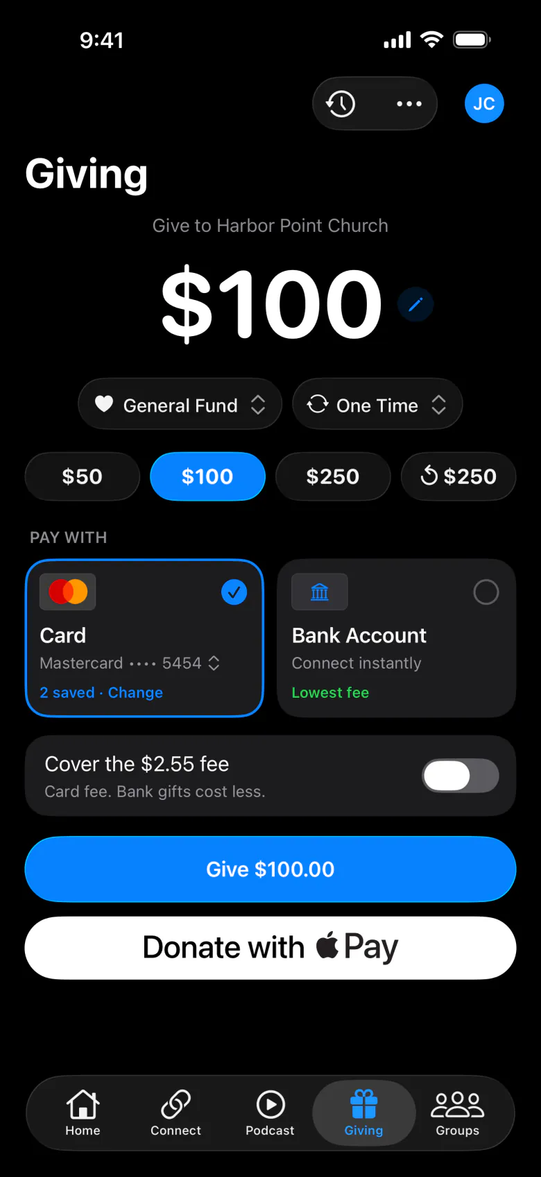 Giving screen in the member app with a $100 gift to the General Fund