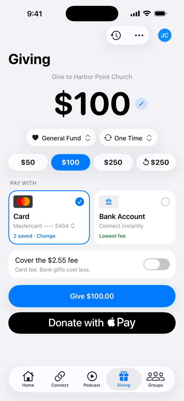 Giving screen in the member app with a $100 gift to the General Fund