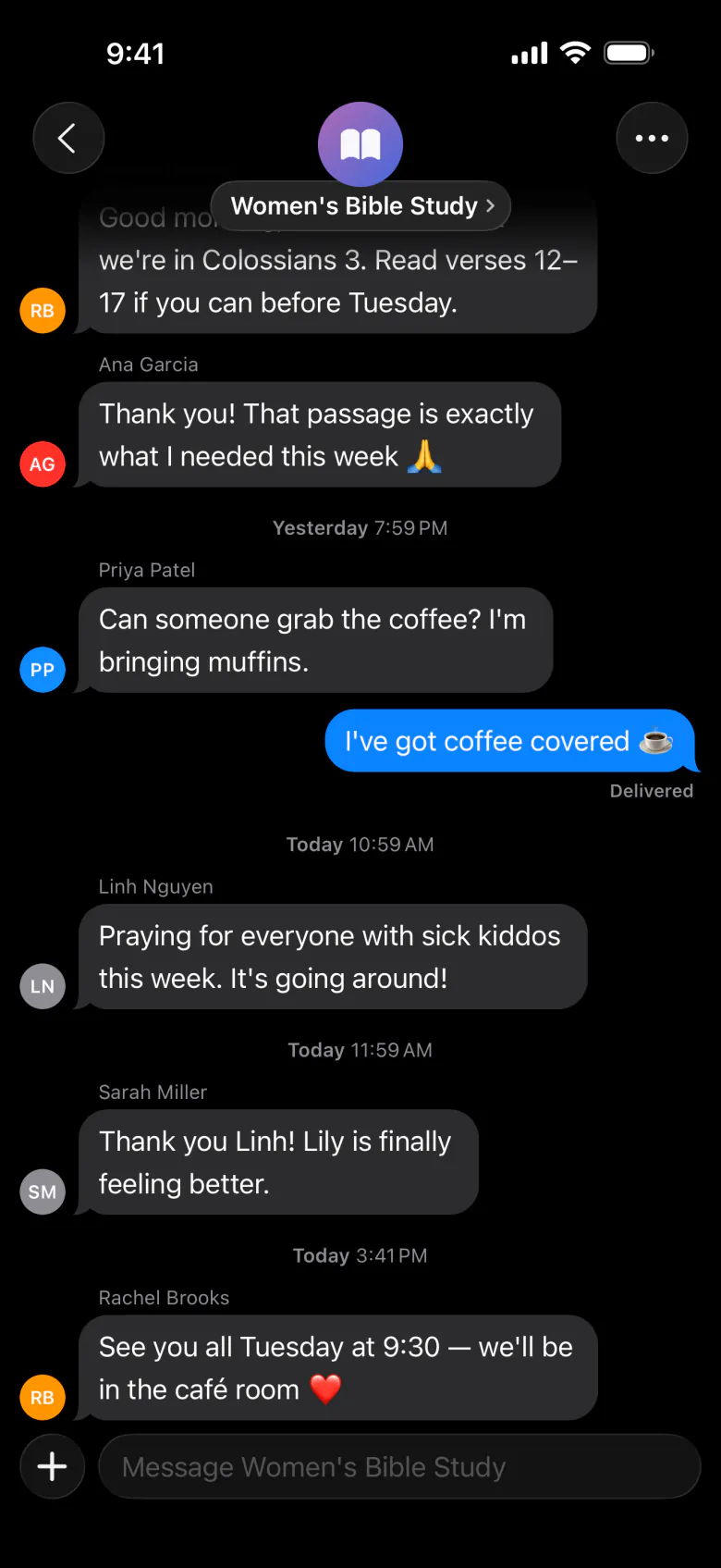 Group chat for a women’s Bible study in the member app