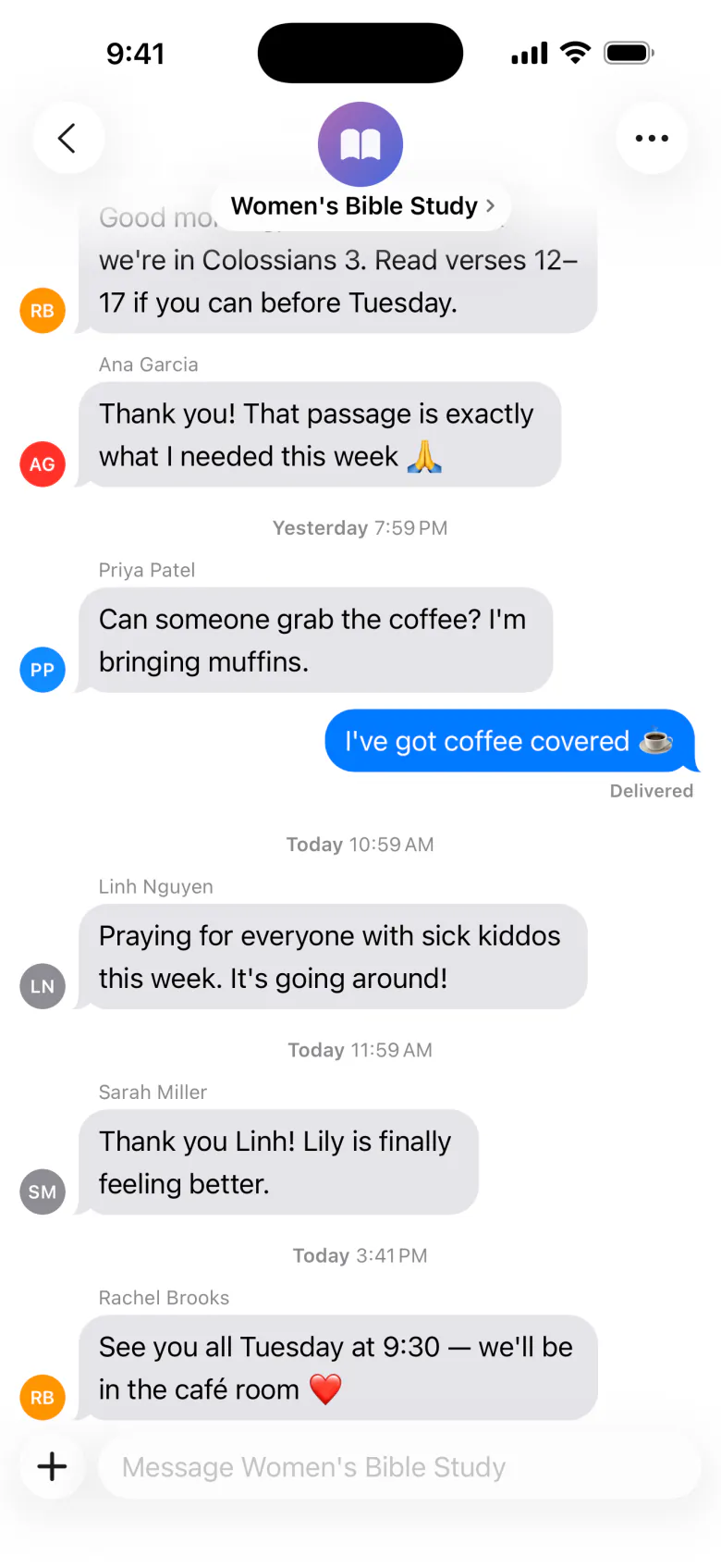 Group chat for a women’s Bible study in the member app