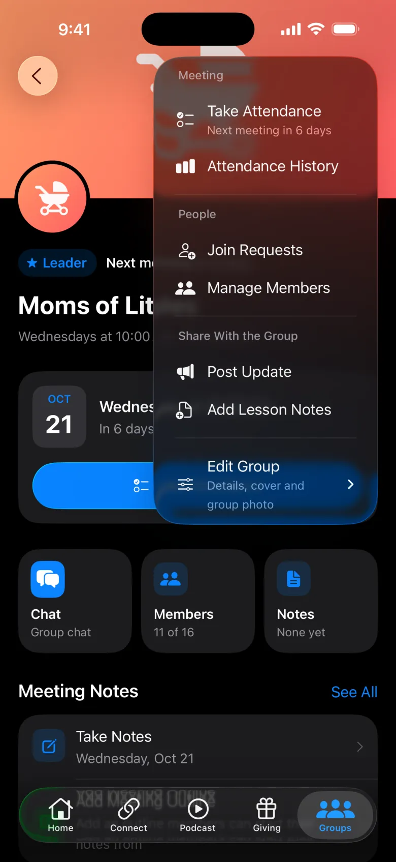 Leader tools for a group in the member app