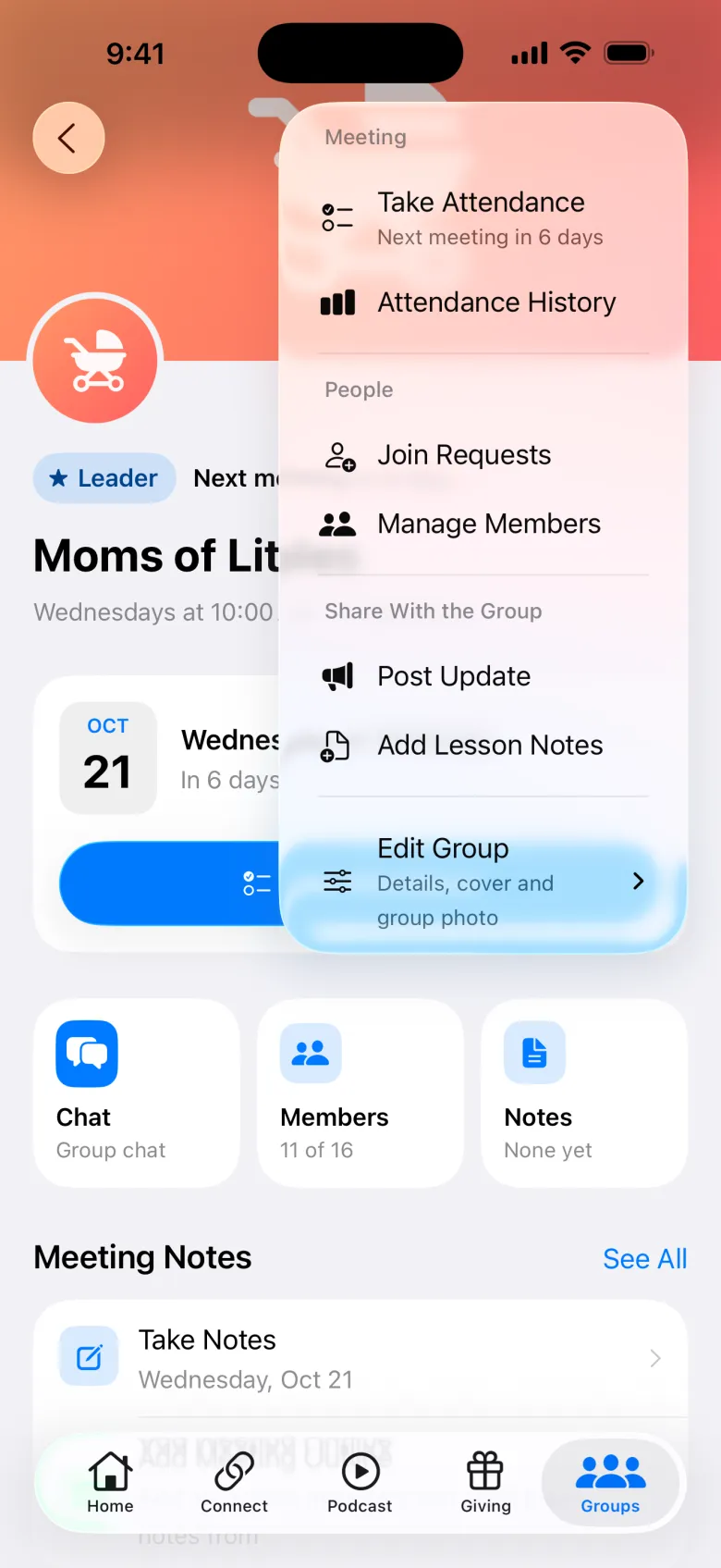 Leader tools for a group in the member app