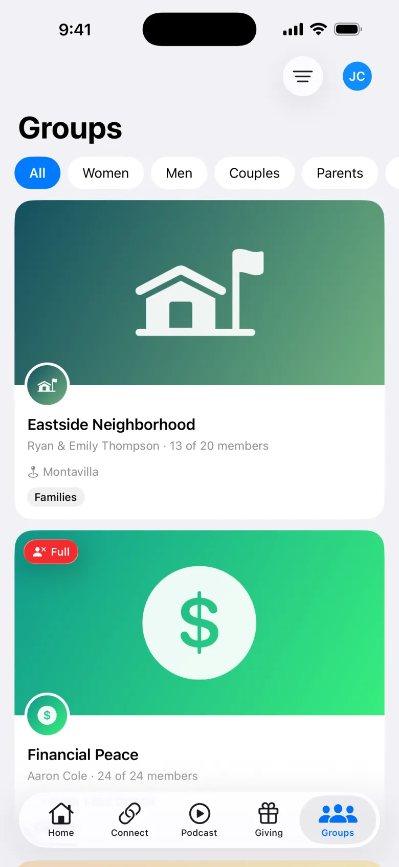 Group list in the member app