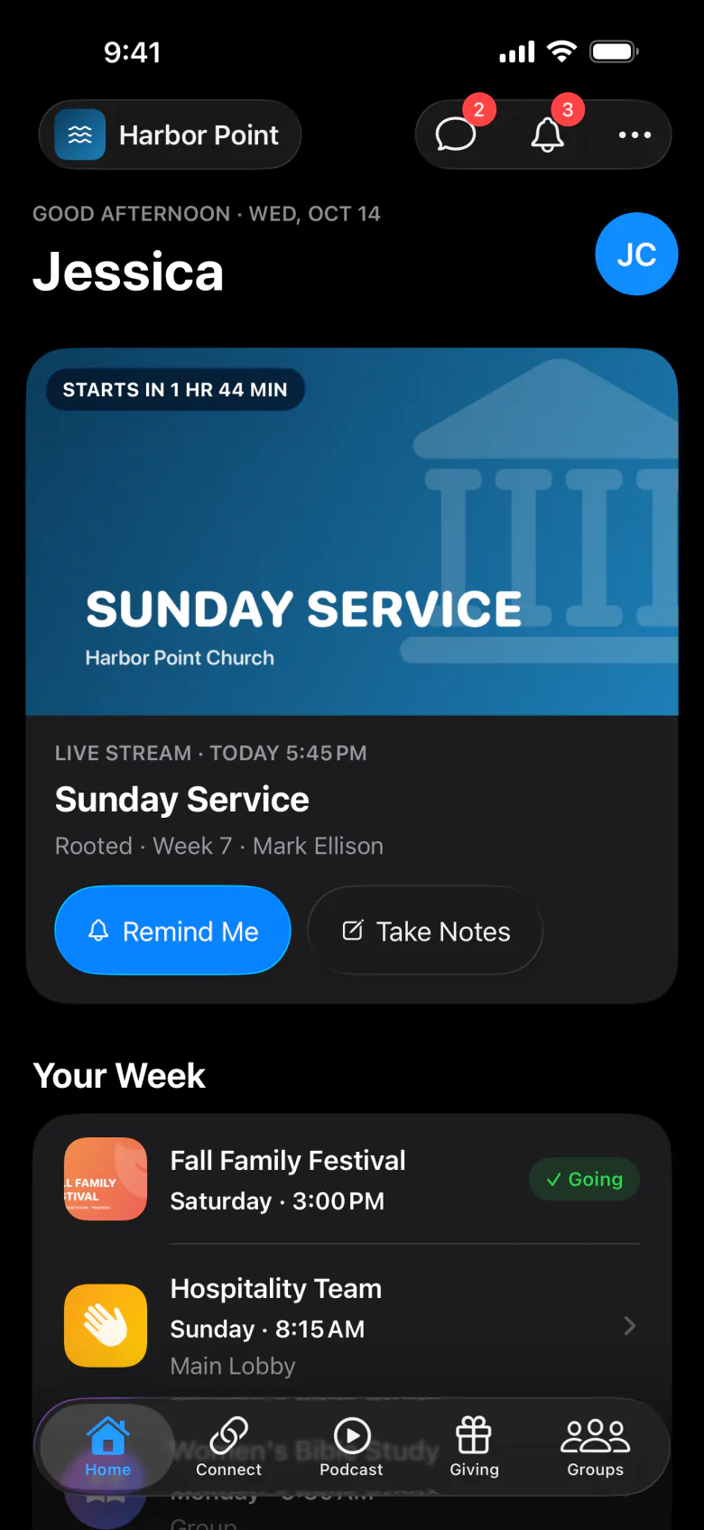 Member app home screen with this week’s service and events