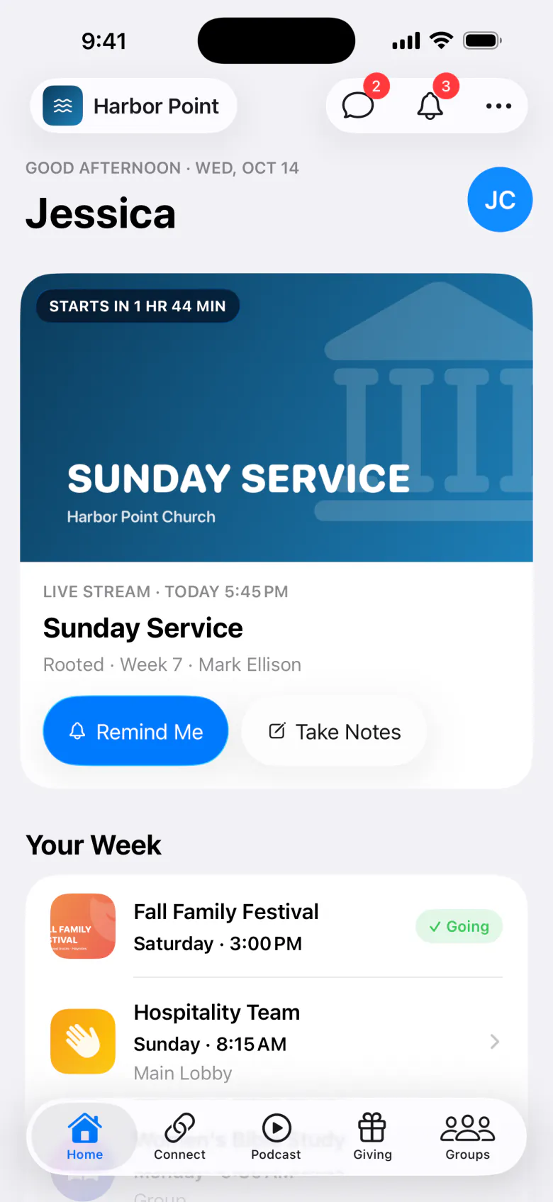 Member app home screen with this week’s service and events