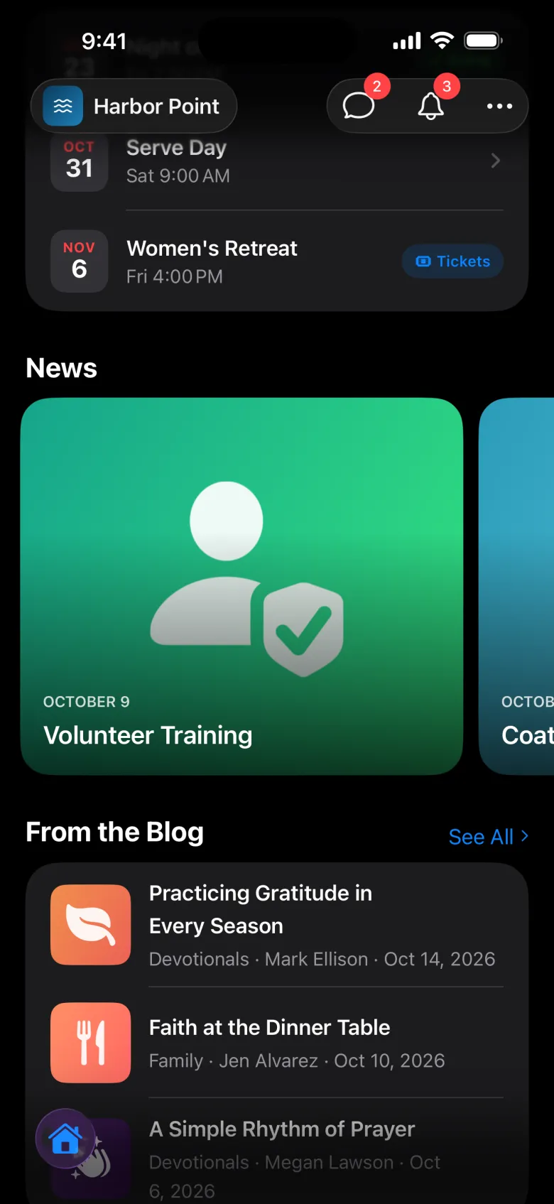 Home screen of the member app with announcements