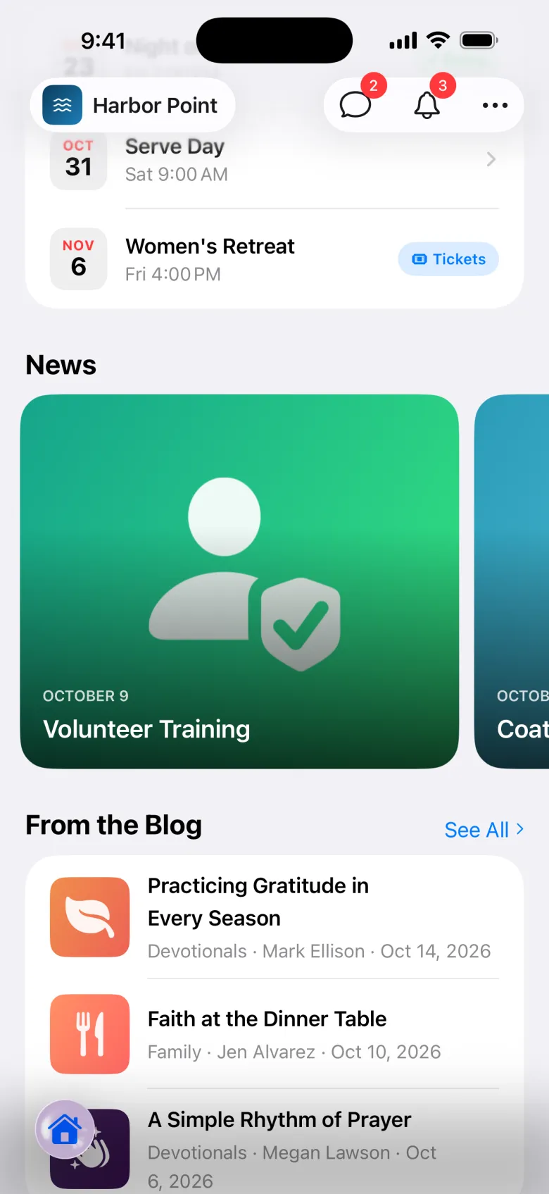 Home screen of the member app with announcements