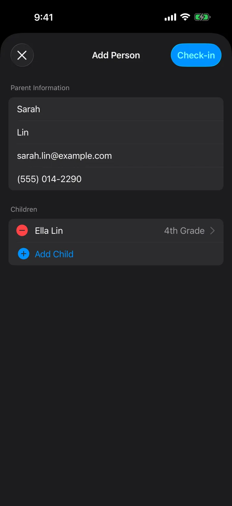 Adding a first-time family for temporary labels in the Check-In Portal App