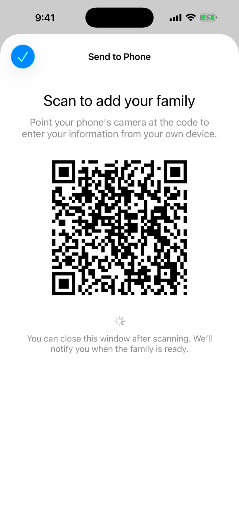 A QR code in the Check-In Portal App that families scan to add themselves on their own phone
