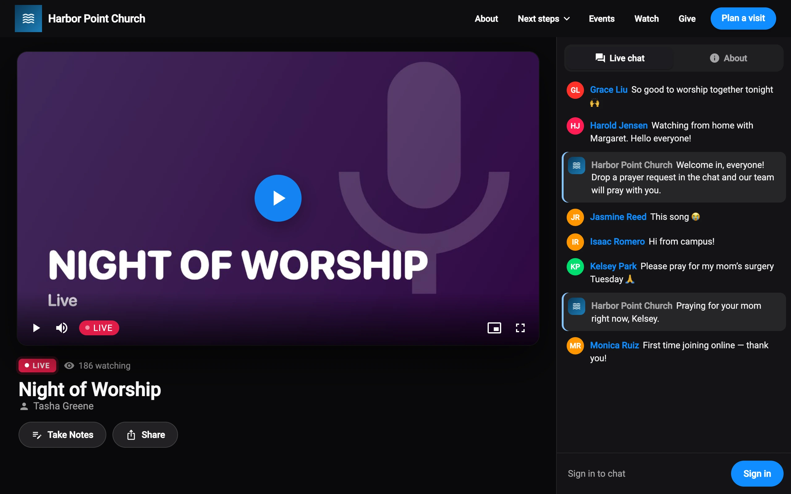 A live stream on a church website