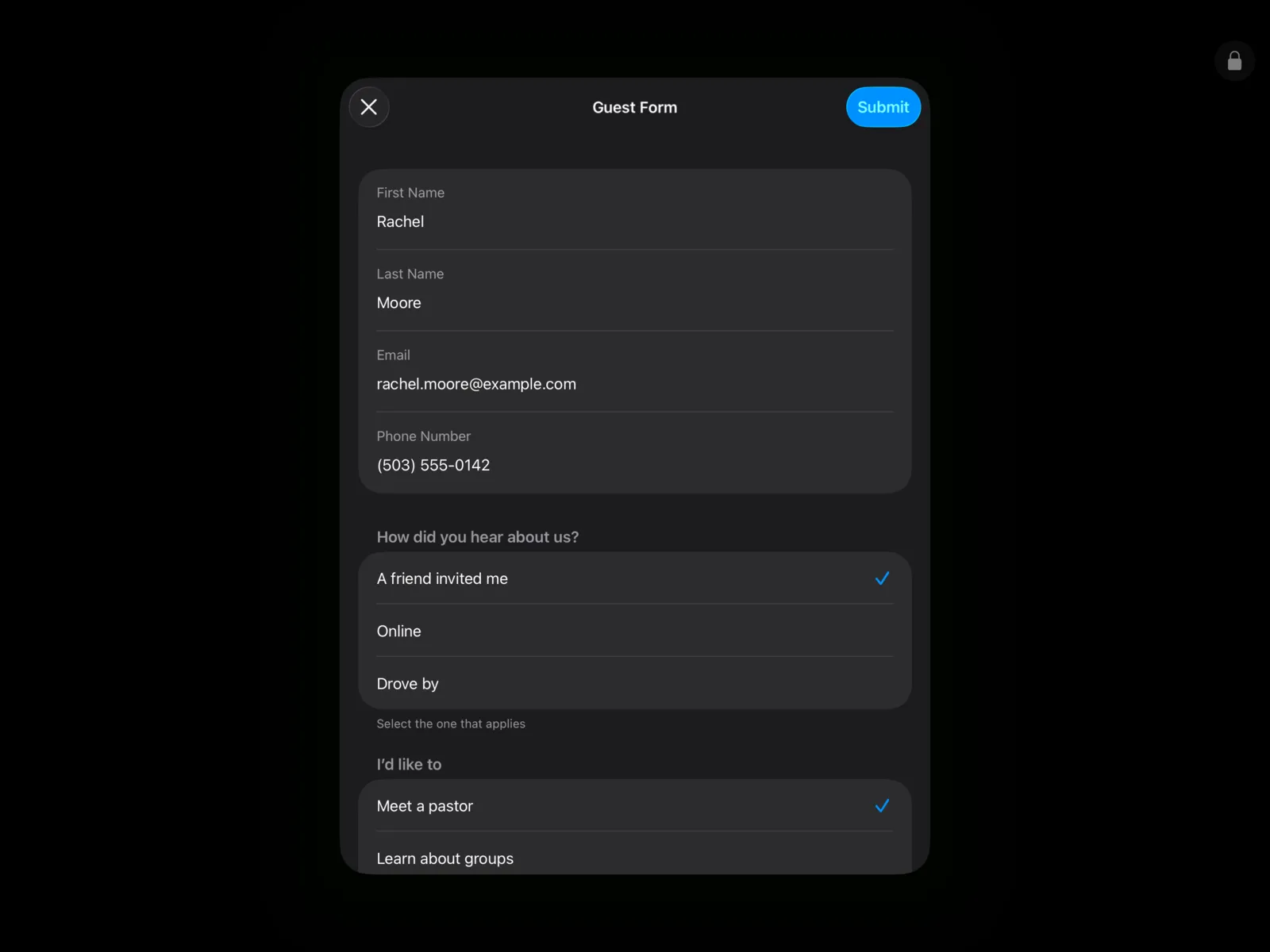 The First-Time Guest form on the Community Portal App on an iPad
