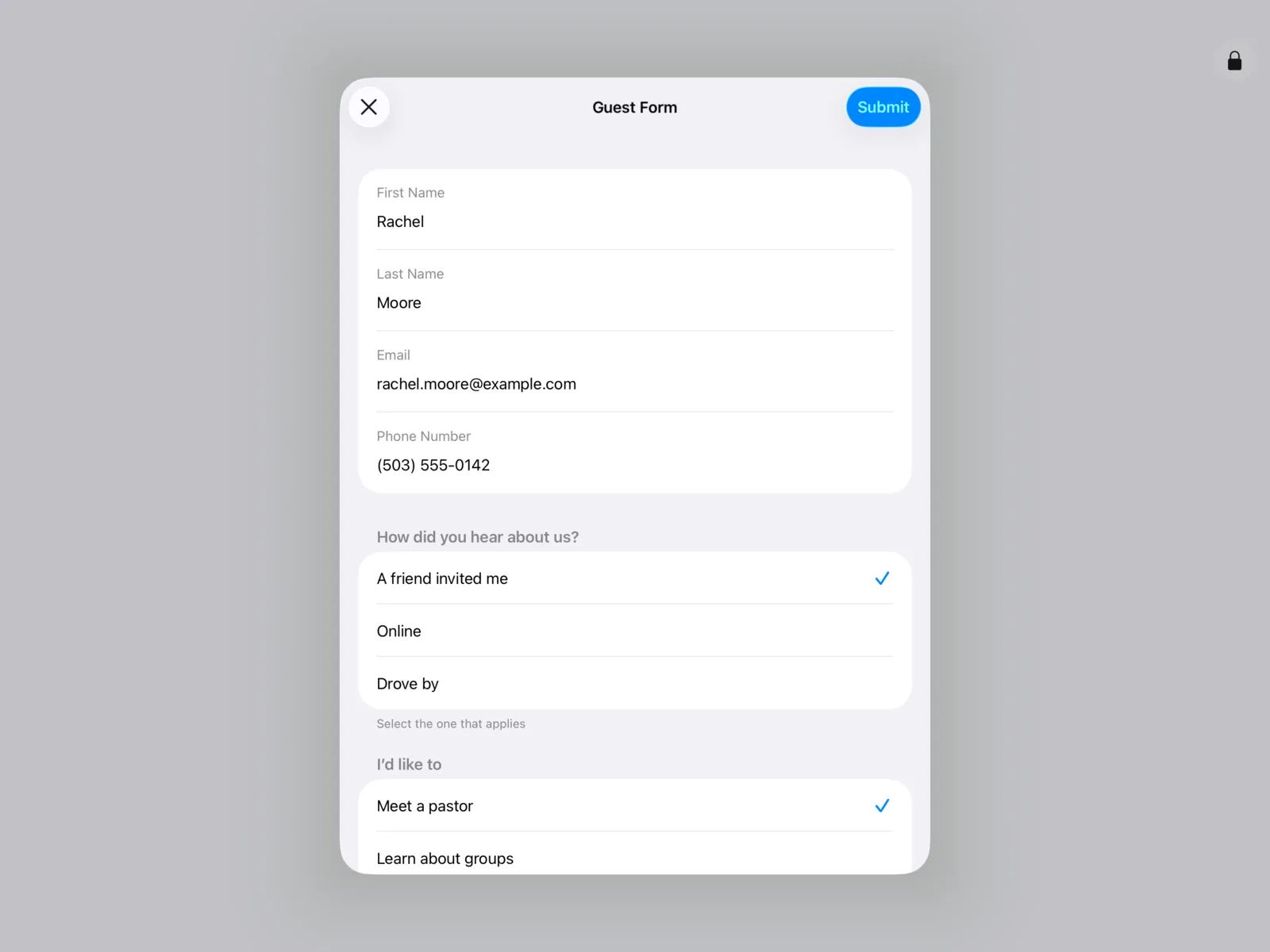 The First-Time Guest form on the Community Portal App on an iPad
