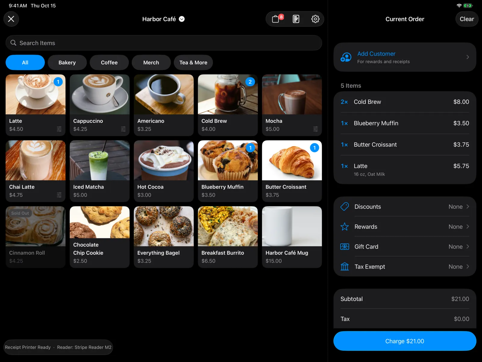 Point of sale on an iPad: café items with photos beside the current order