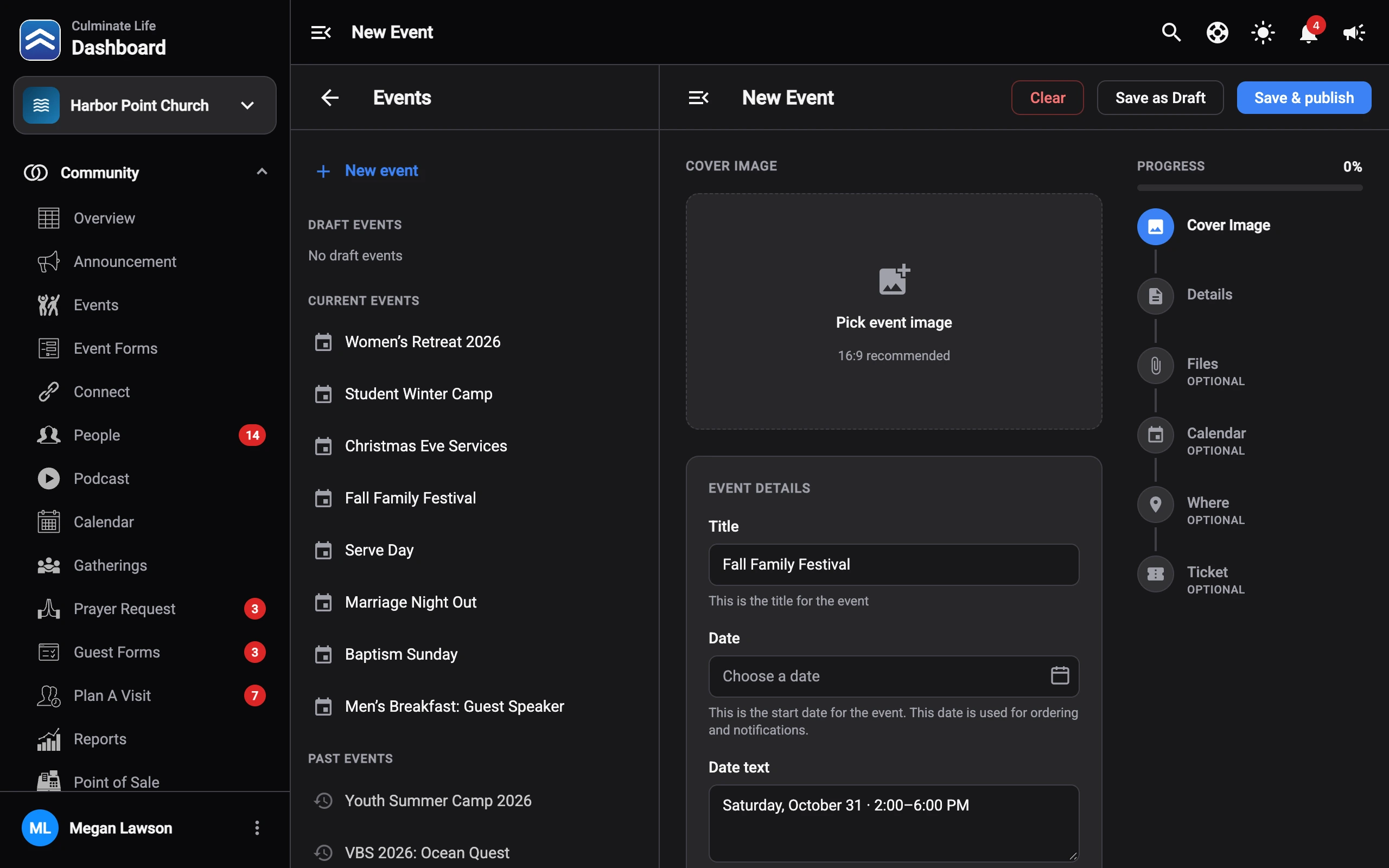 Event setup in the dashboard