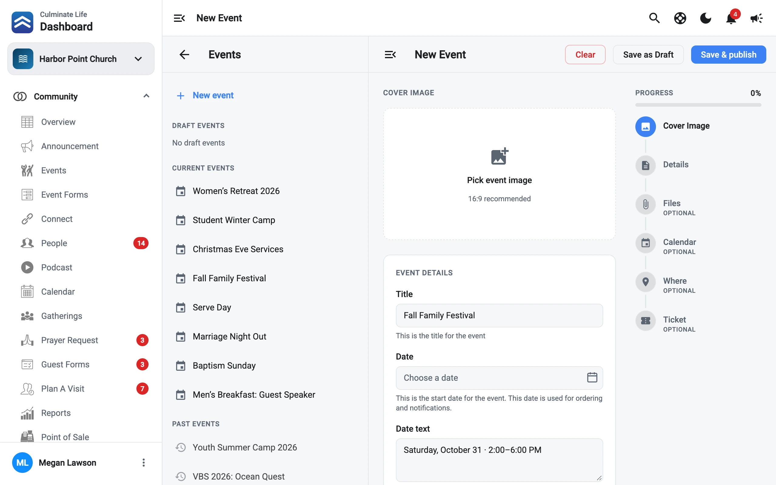 Event setup in the dashboard