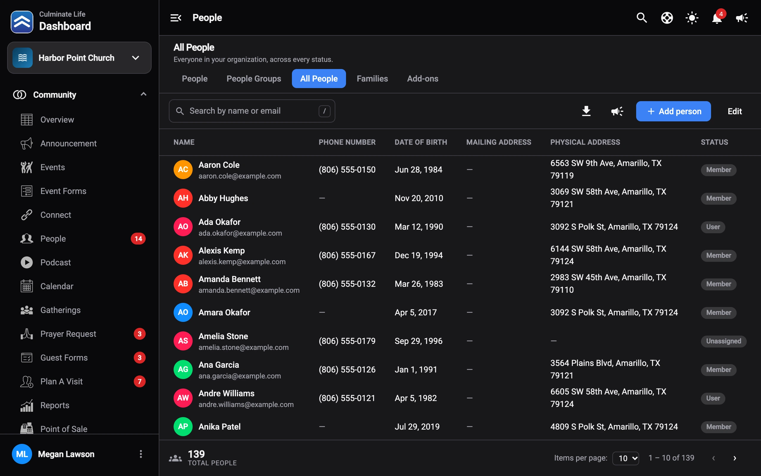 People list and person profile in the dashboard