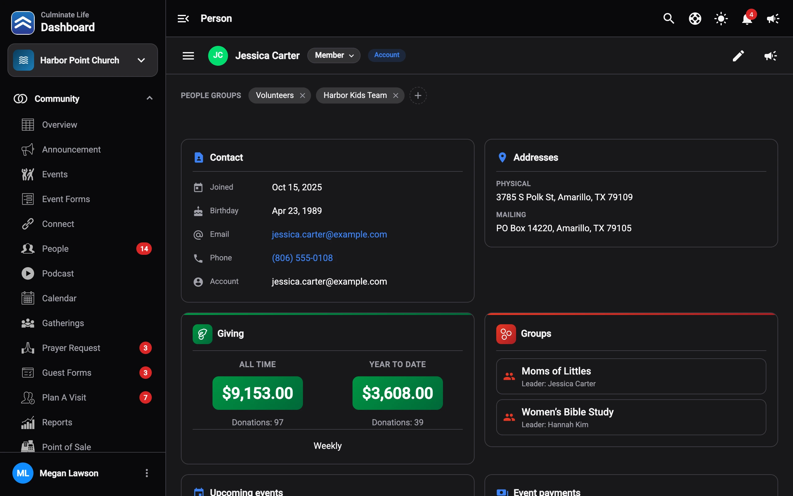 Dashboard — a person’s profile with giving, groups, and check-in