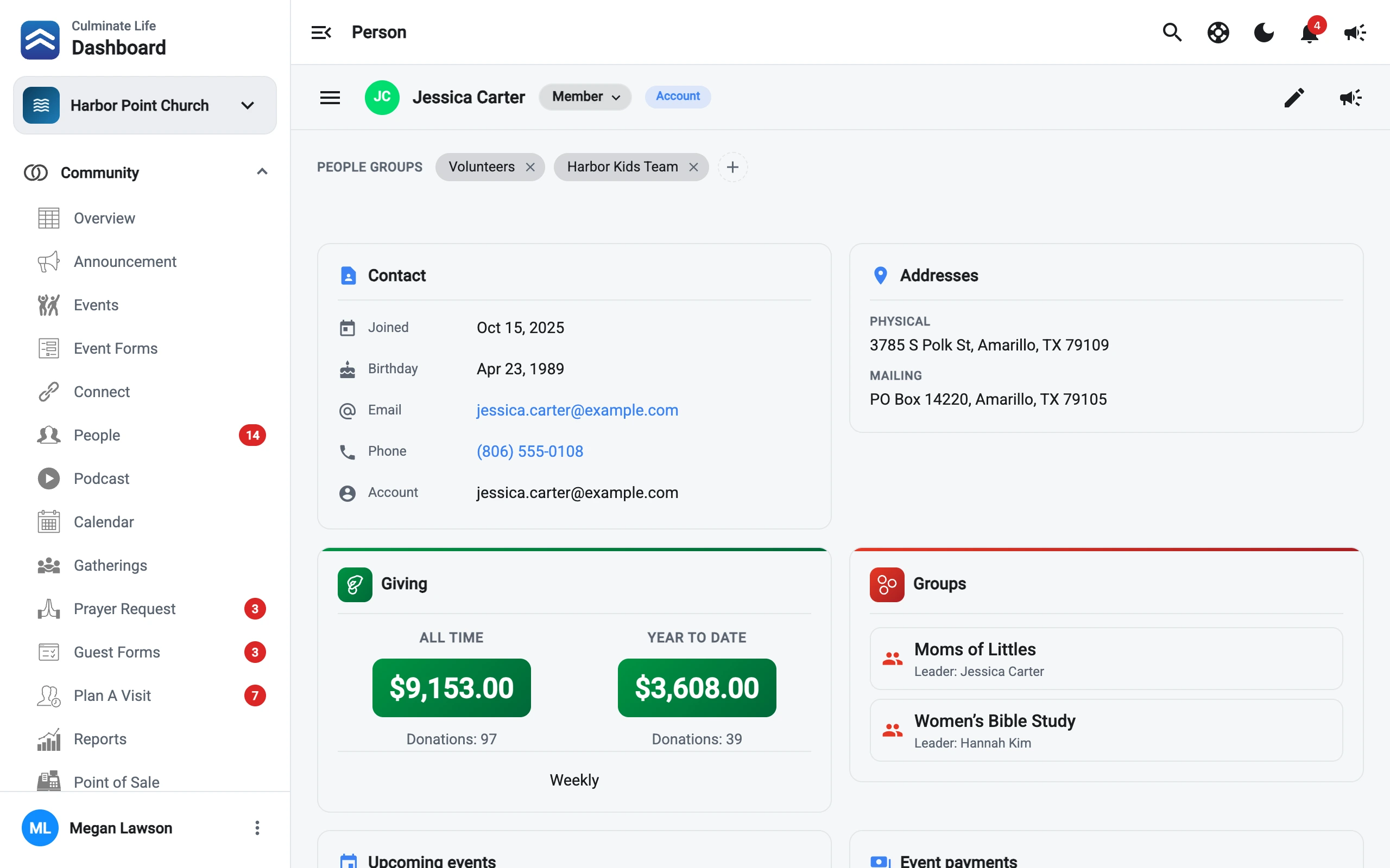 Dashboard — a person’s profile with giving, groups, and check-in