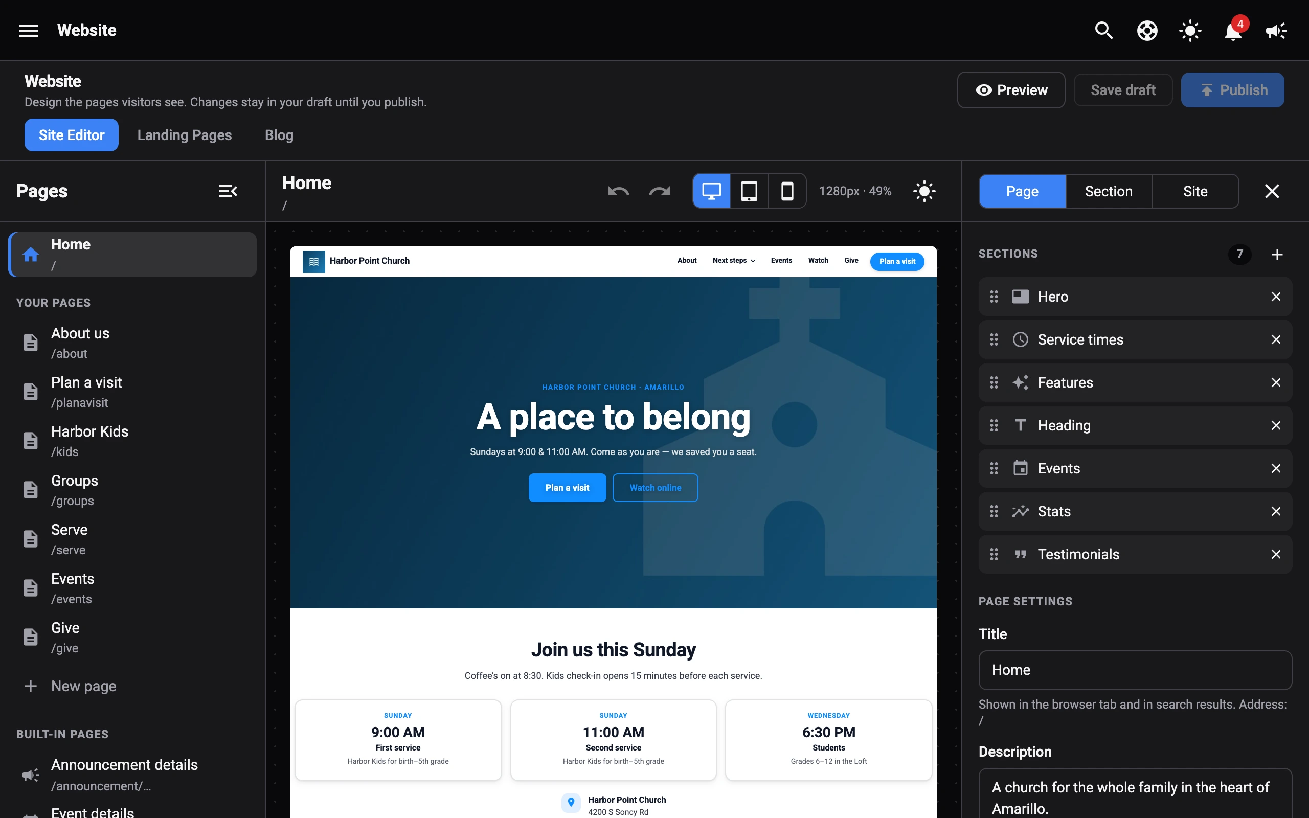 The website builder in the dashboard