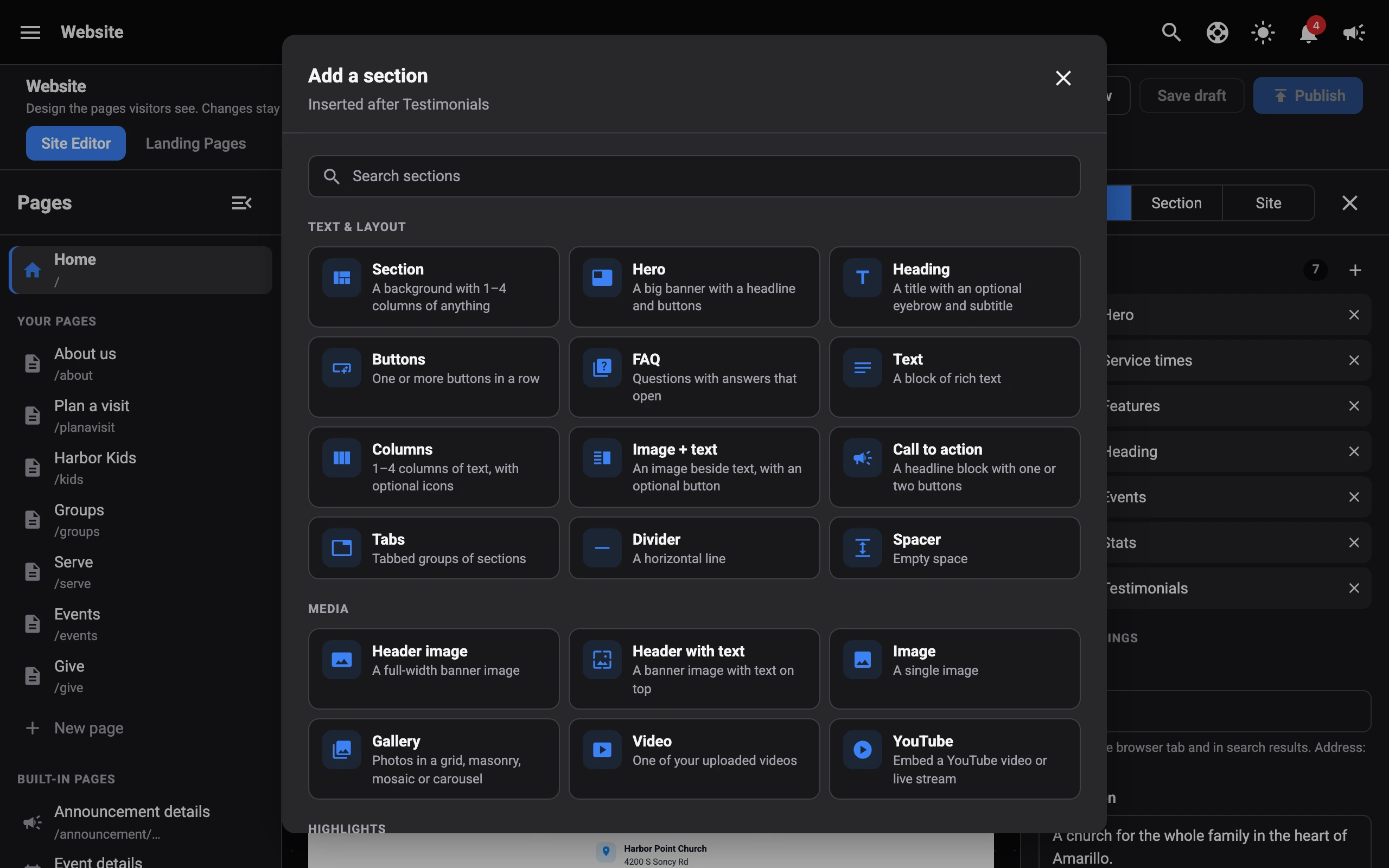 Elements panel in the website builder