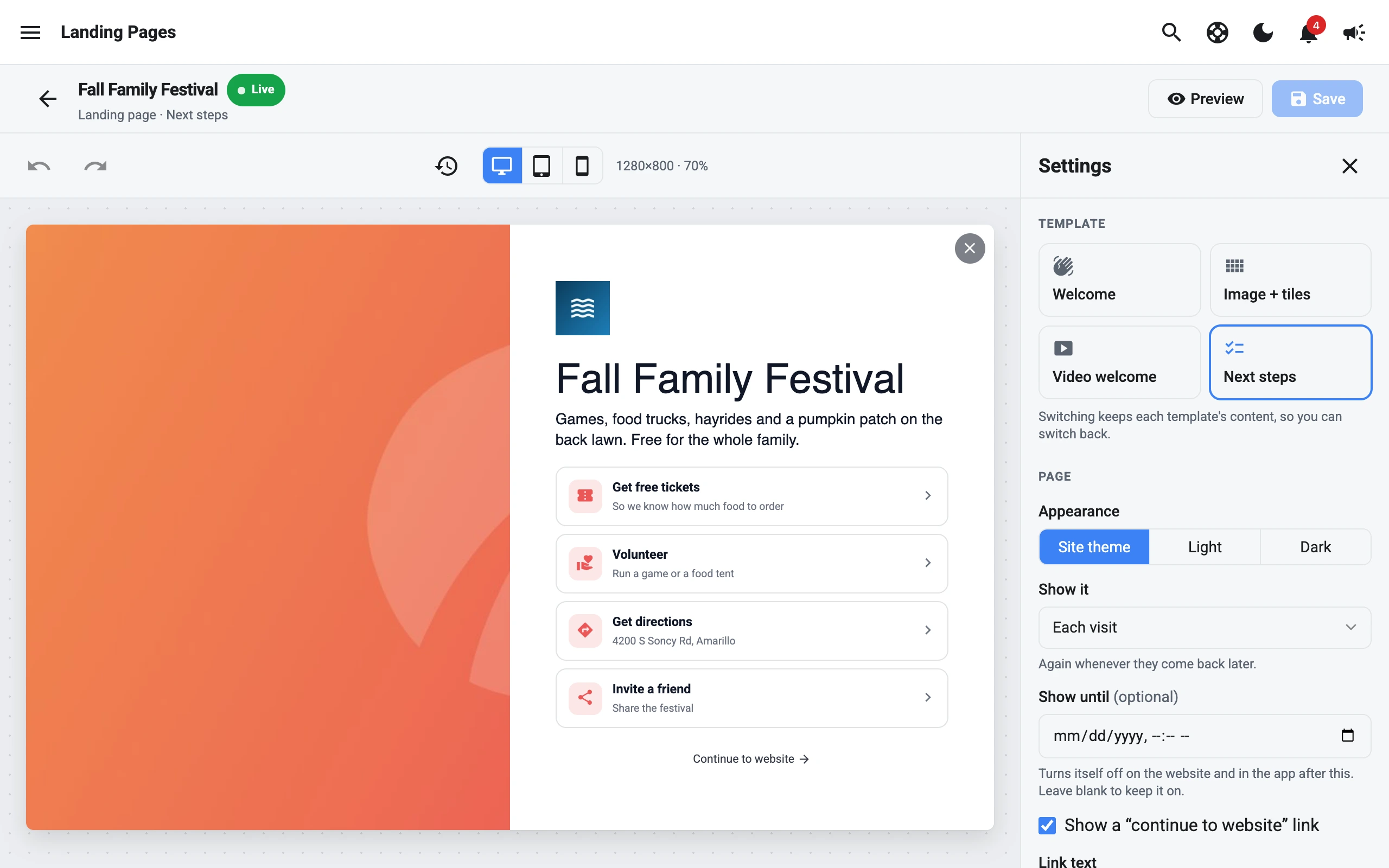 A landing page in the website builder