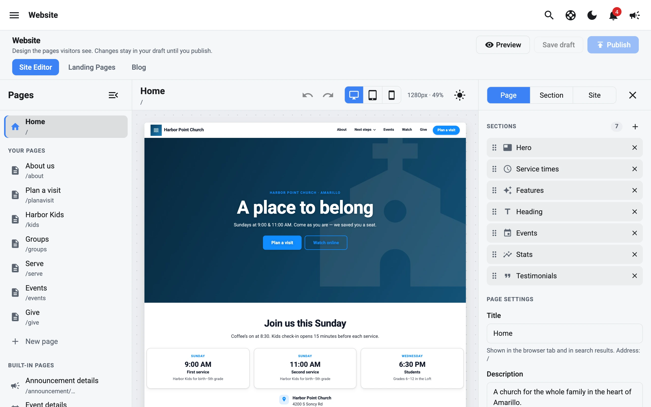 The website builder in the dashboard